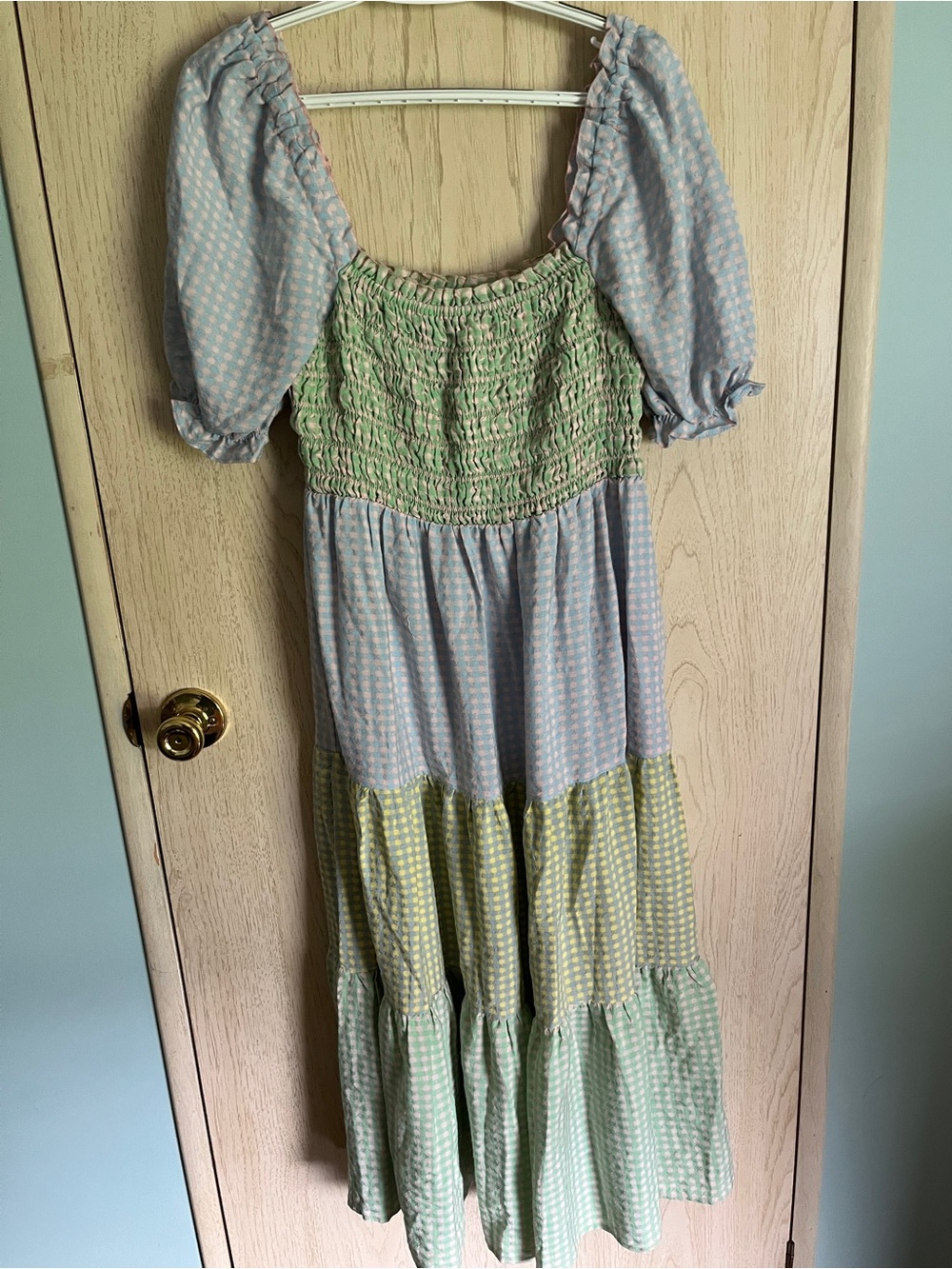 Greylin Nola Smocked Gingham Plaid Colorblock Tiered Midi Dress Sz M Pastel View 3
